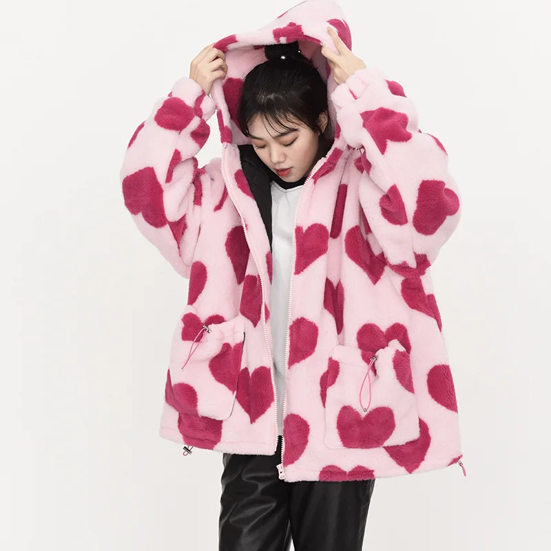 2022 Ladies Winter Coat Love Print Lamb Fleece Jacket Hong Kong Style Couples Loose Hooded Versatile Cotton Jacket For Women
