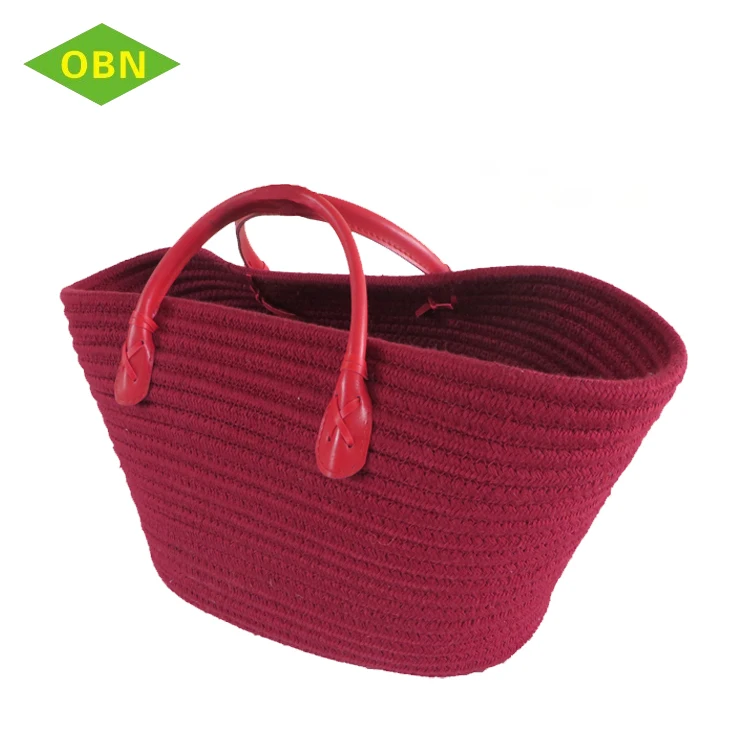Handmade Red Color Cotton handbags storage bag with leather handles cotton rope handbag