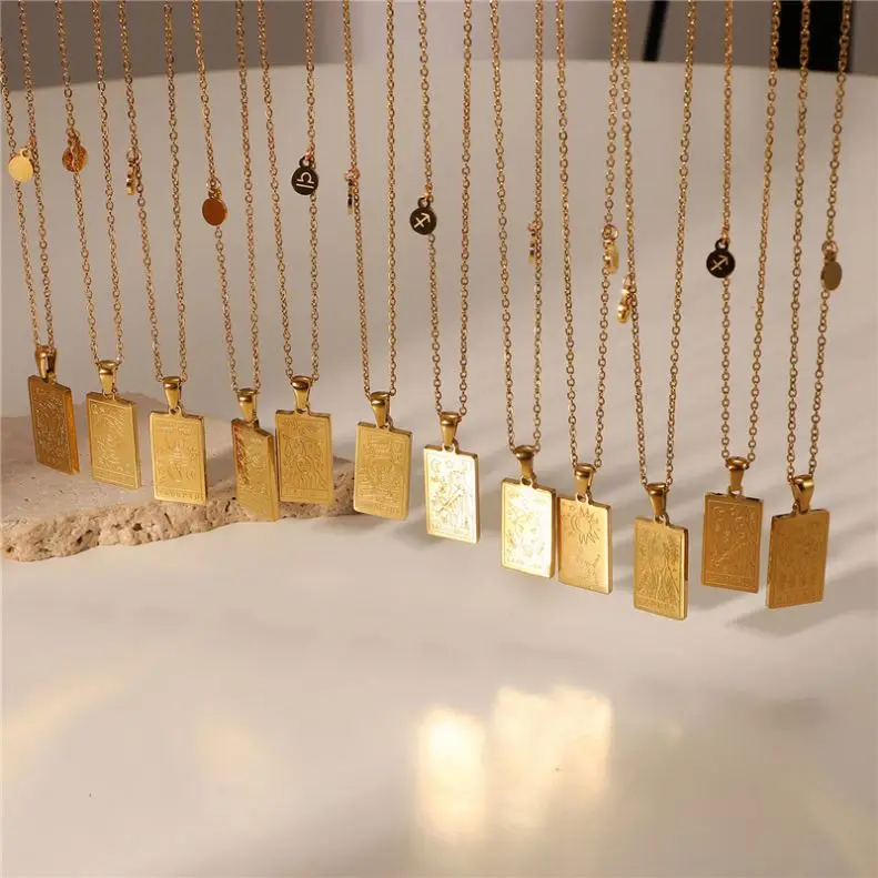 Personalized Astrology Square 12 Zodiac Tarot Card Jewelry 18k Gold Plated Stainless Steel Zodiac Sign Tarot Pendant Necklace