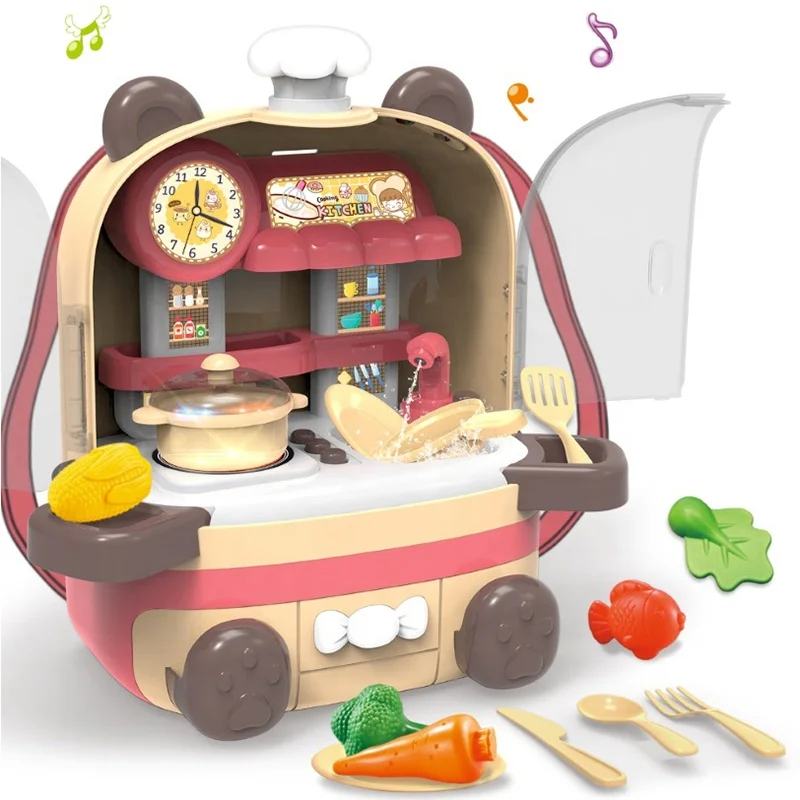 Play House Tableware With Sound And Lights Kitchenware Storage Backpack Mini Kitchen Cooking Toys Girl Toys For Kids