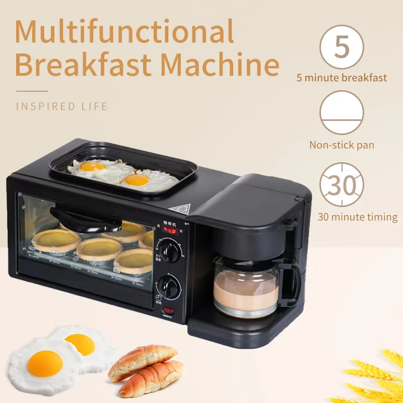 Kitchen toaster Black 3 In 1 Toaster 9L Multifunctional Breakfast Machine Mini Home Oven Coffee Pot Stainless Steel Frying Pan
