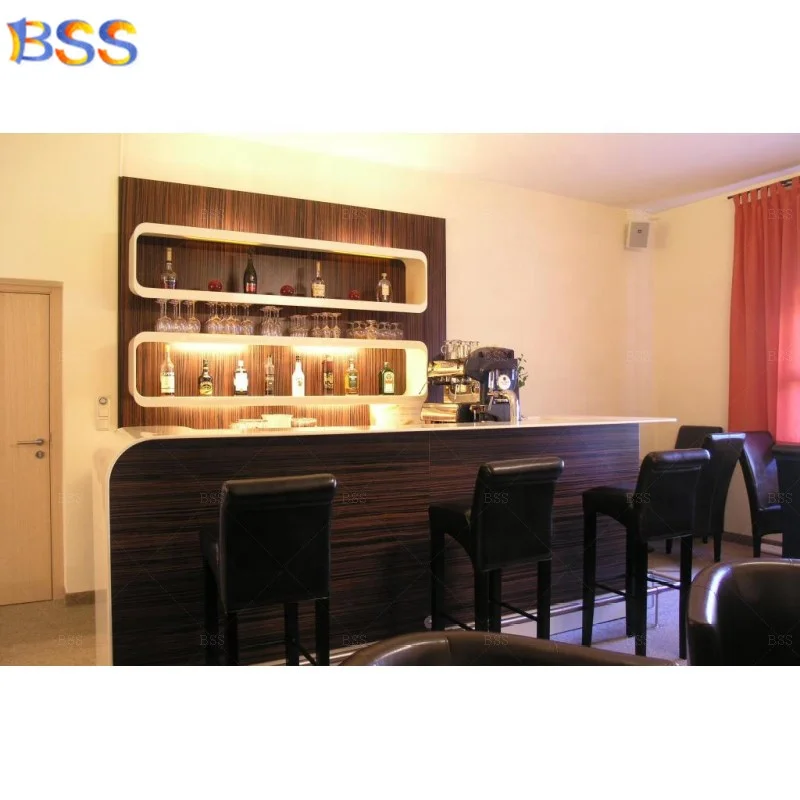 Home Bar Supplier Prefabricate Hot Sale Nice Exclusive OEM Premium L Sharp Wood Marble Home Bar With Wall Wine Shelves