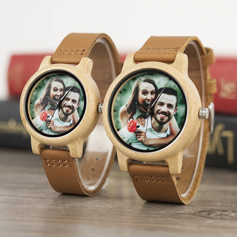 Customize photo printing couple lover bamboo wood watches with leather strap men women for valentine day gifts