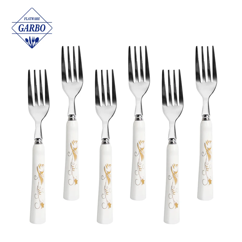 Wholesale Custom Stainless Steel Gold/Copper/Black Plated Small Fruit Cake Salad Dessert Fork with ceramic printing handles