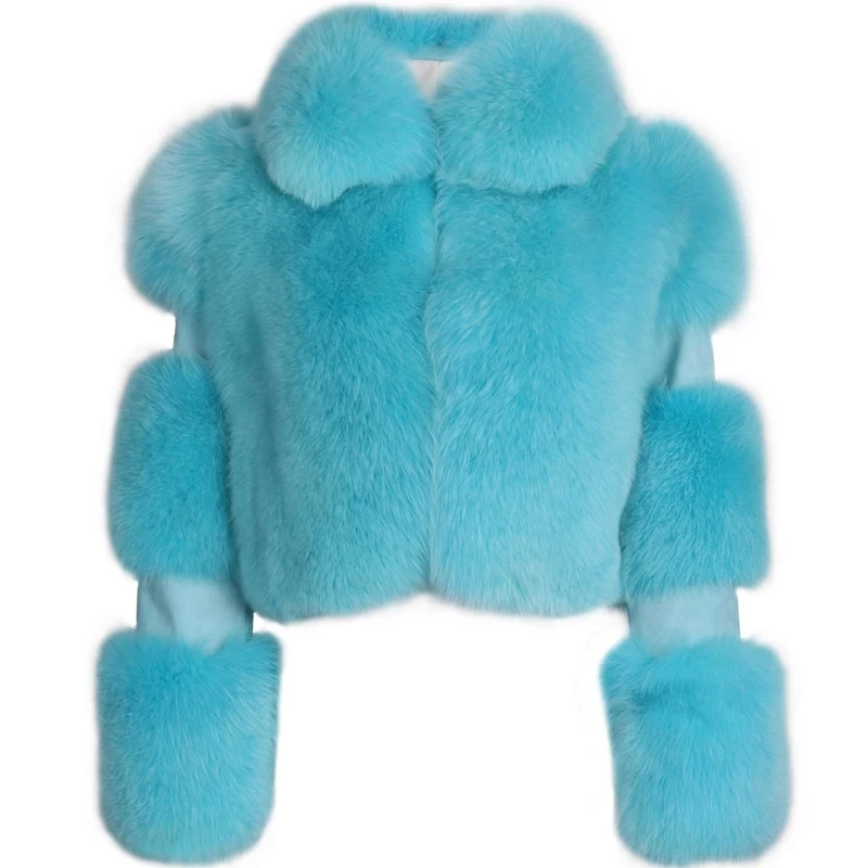  Winter Warm Ladies Natural Fox Fur Coat Turn-Down Collar Real Jacket For