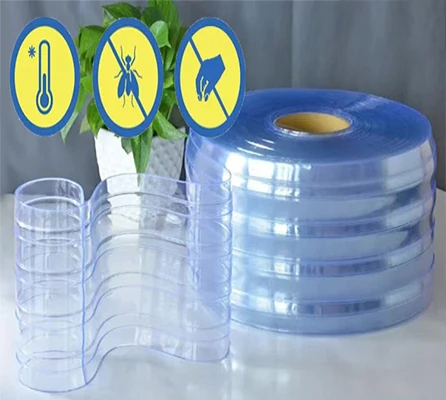 Wholesale 3mm Thick Soft Clear Transparent PVC Door Curtain Strip UV Printed in Blue Yellow and Ribbed Colors