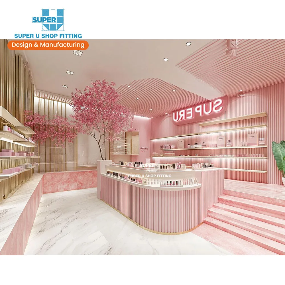 Retail Perfume Store Display Rack Skincare Boutique Furniture Wooden Makeup Display Shelf Bespoke Cosmetic Shop Interior Design