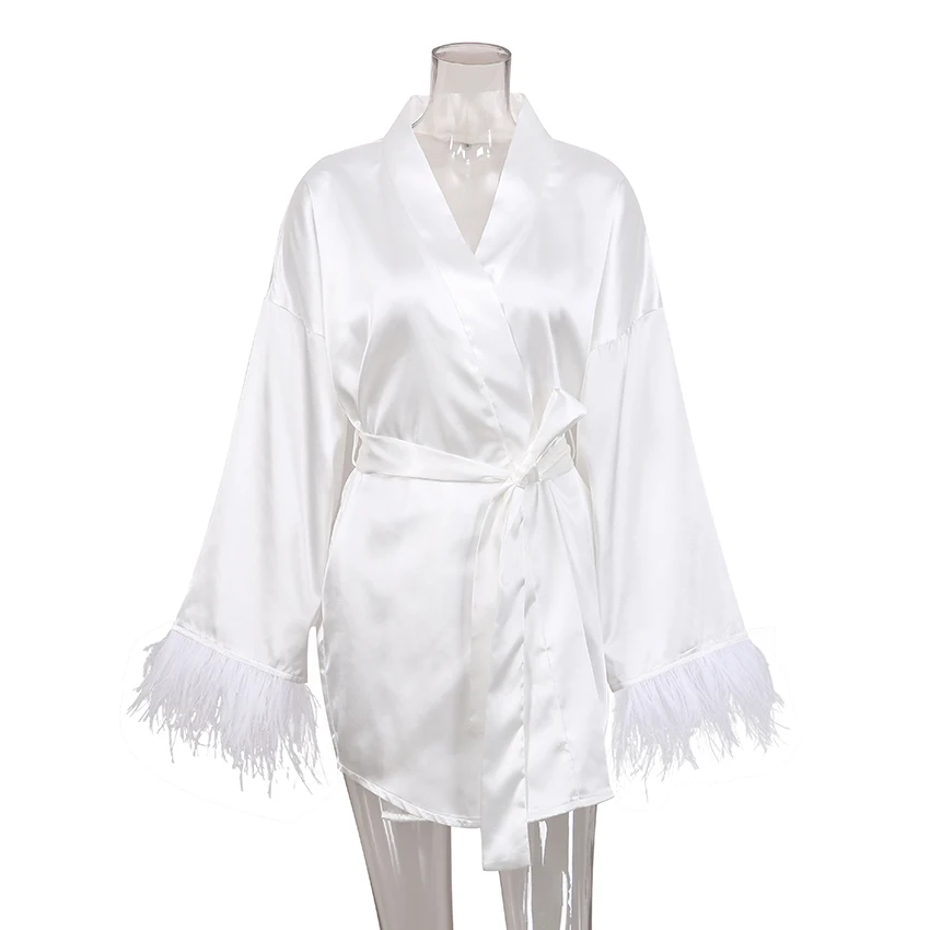 OOTN White Wedding Dress Black Bride Dresses Long Sleeve Loose Peignoirs For Women Robe Feather Bathrobes Satin Sexy Mini Dress