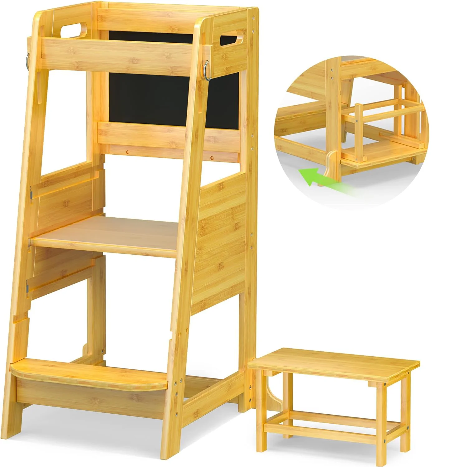 bamboo Kids Step Stool Standing Folding Learning Tower With Adjustable Wooden Kitchen Helper Tower For Toddlers