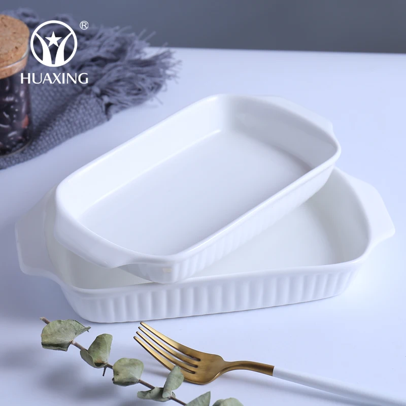 Wholesale custom logo catering rectangular baking tray white ceramic baking dishes pans with two handles