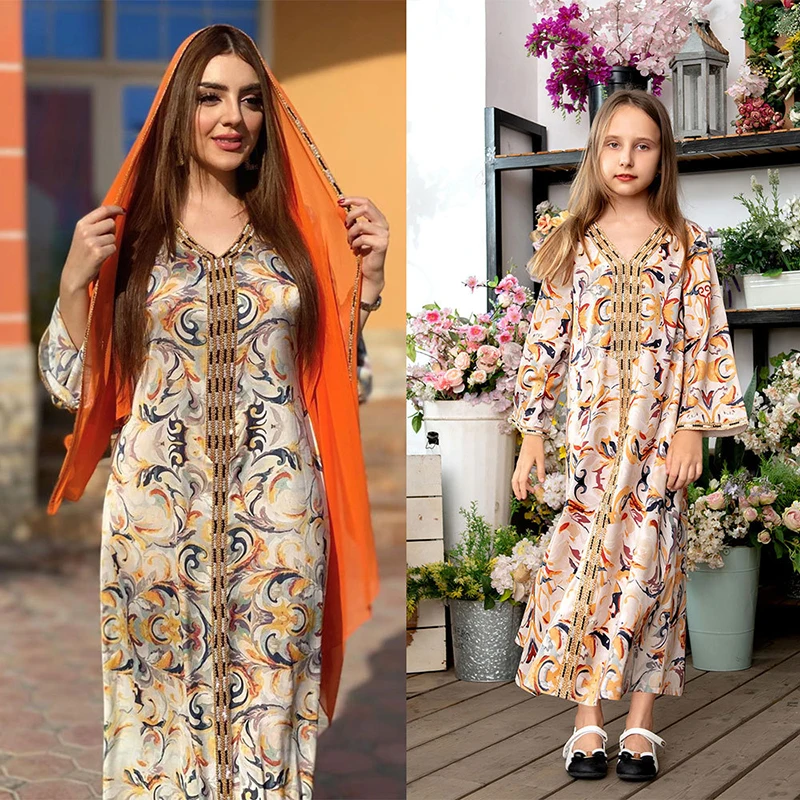 Hot selling Middle East abaya dress long dresses women muslim parent-child wear printed kaftan abaya women muslim dress