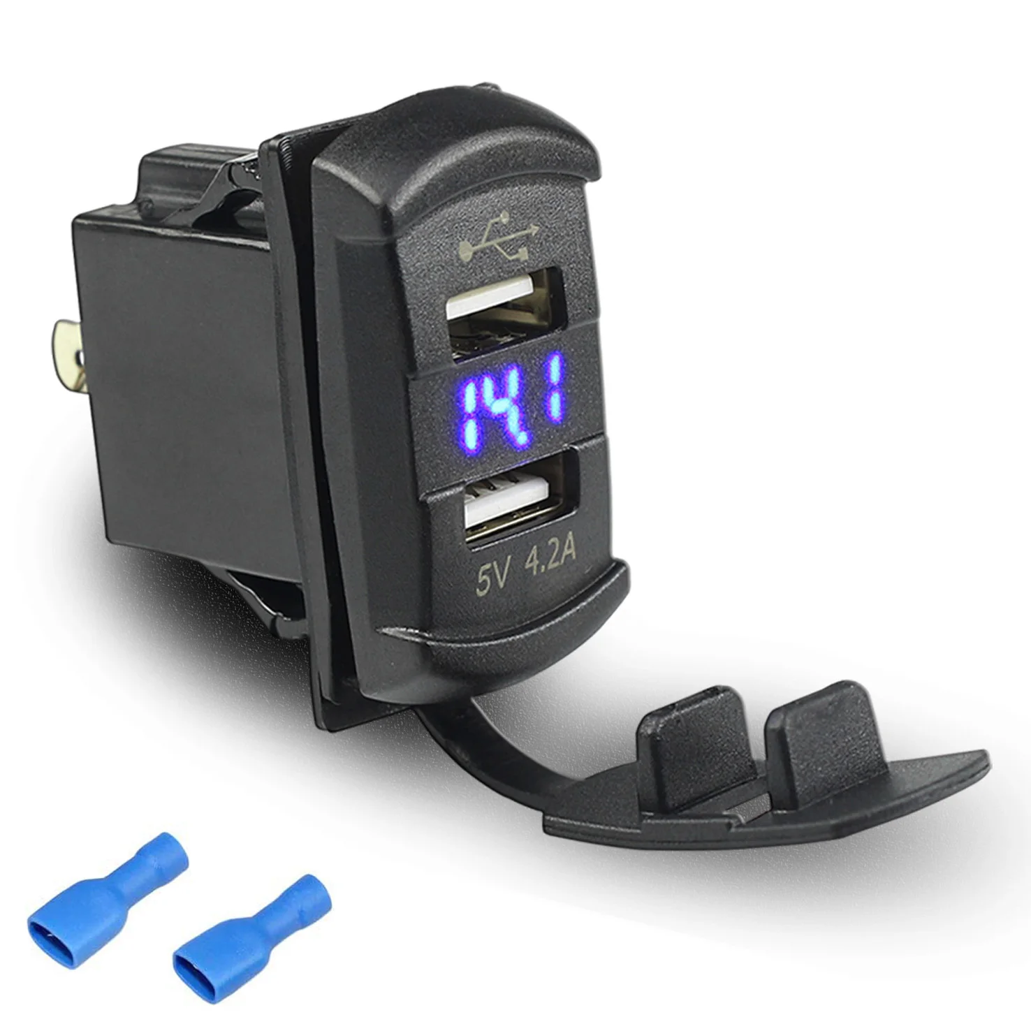 12V Dual Charger Ports 4.2A Waterproof LED Digital Voltmeter Switch Panel Blue USB Rocker Switch for Marine Use Car Charger