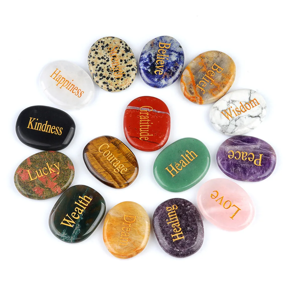 QIURAN Custom Logo Pattern Engraved Rocks Different Words Inspirational Stones Encouraging Healing Love Health Lucky Crystal