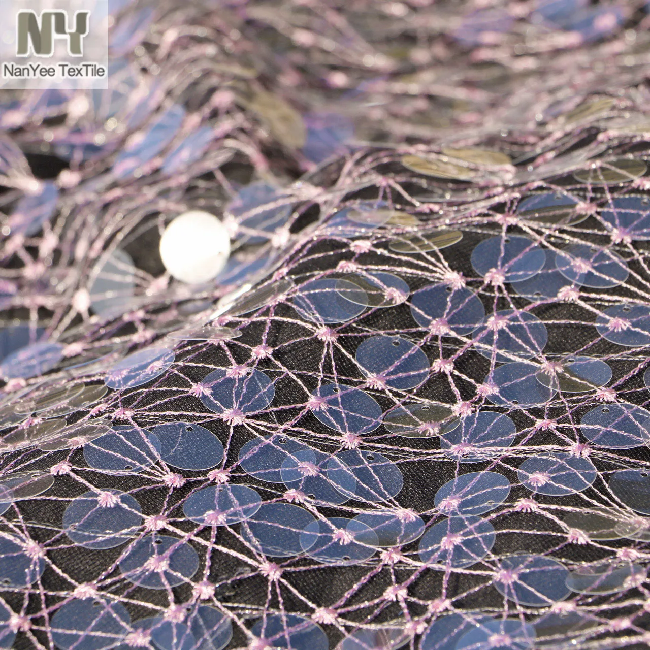 Nanyee Textile Pink Lurex Spider Net Starburst Embroidery Mesh 18MM Transparent Sequins