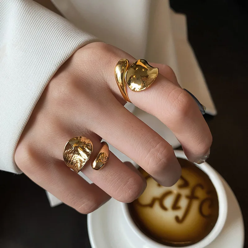 European American Style Irregular Concave-Convex Water Drop Gold Silver Tin Foil Pattern Fashion Open Ring for Women