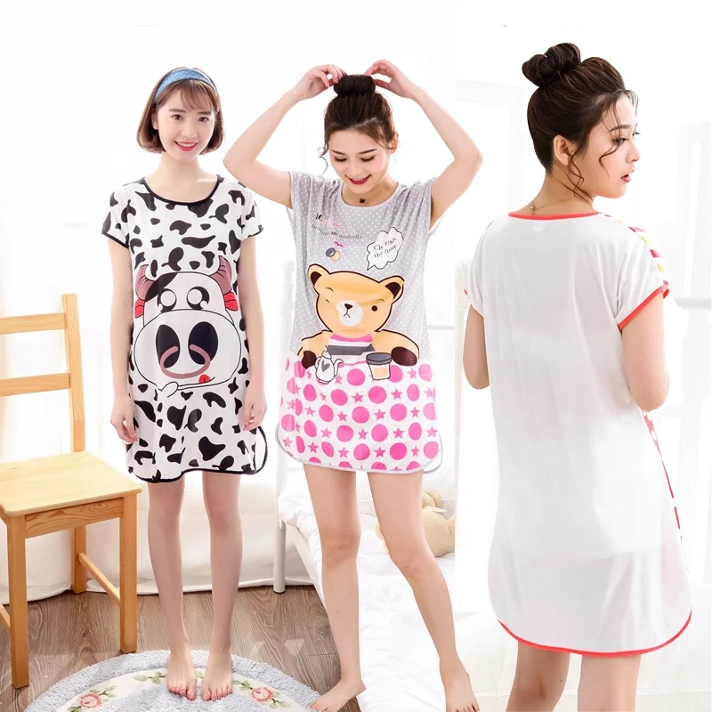 2022 Женская Мини Ночная рубашка Летняя Пижама с коротким рукавом с мультяшным принтом юбки тонкая мягкая молочная шелковая пикантная пижама ночная рубашка