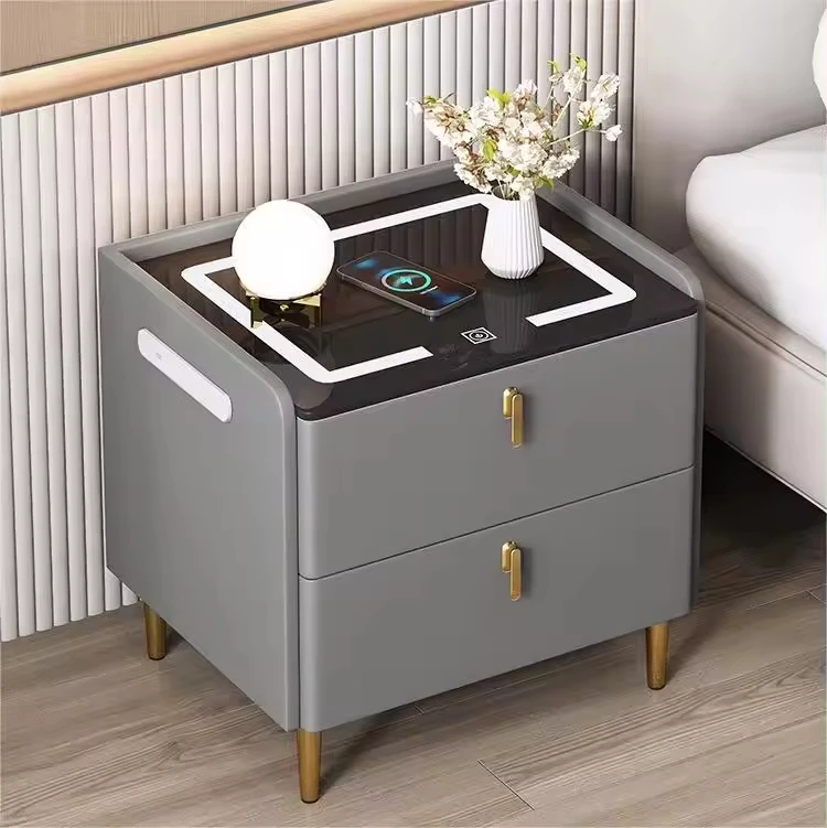 2024 New smart bedside table Home bedside cabinet fingerprint lock wireless charging  light  multi-functional three-pump one