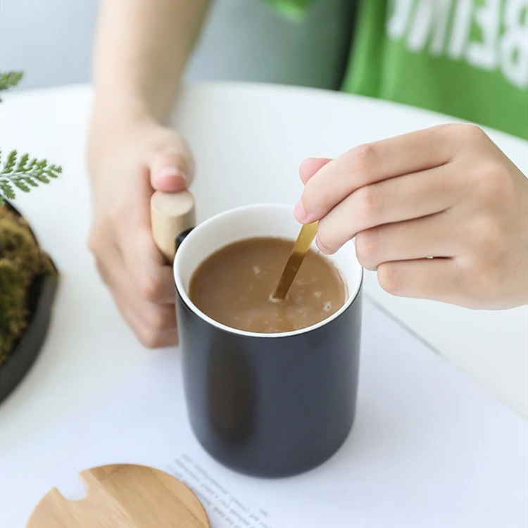 Hot Sale Custom Logo Nordic Matte White Black Ceramic Coffee Mug with Wooden Handle