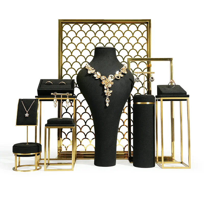 Luxury Large Exhibit Pendant Ring Necklace Holder Jewellery Display Stands Sets Black Metal Microfiber Jewelry Display Sets