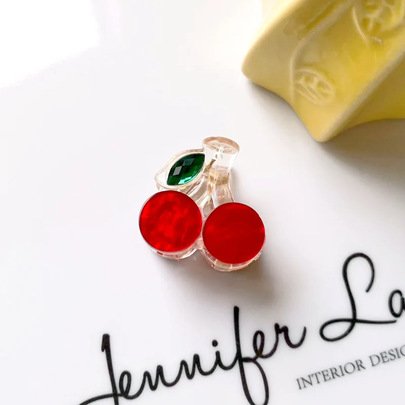 GIRLIZE Girls Cute 2.5cm Mini Cherry Hair Clip Acetate Acrylic Small Fruit Rhinestones Hair Claw Clip For Women Thin Hair