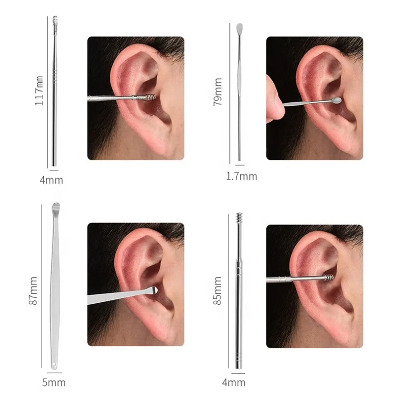 FYD 8 pcs Yellow Ear Cleaner Kits Stainless Steel Earpick Earwax Remover Spoon Spiral Ear Cleaning Tool