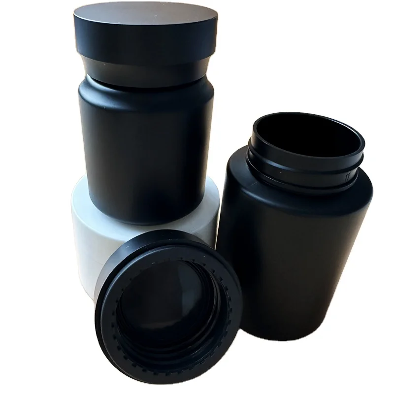 Custom 80ml 100ml 120ml 150ml Soft Touch PET Matte black Capsule  Vitamin Bottle Empty Plastic Bottle with black lid