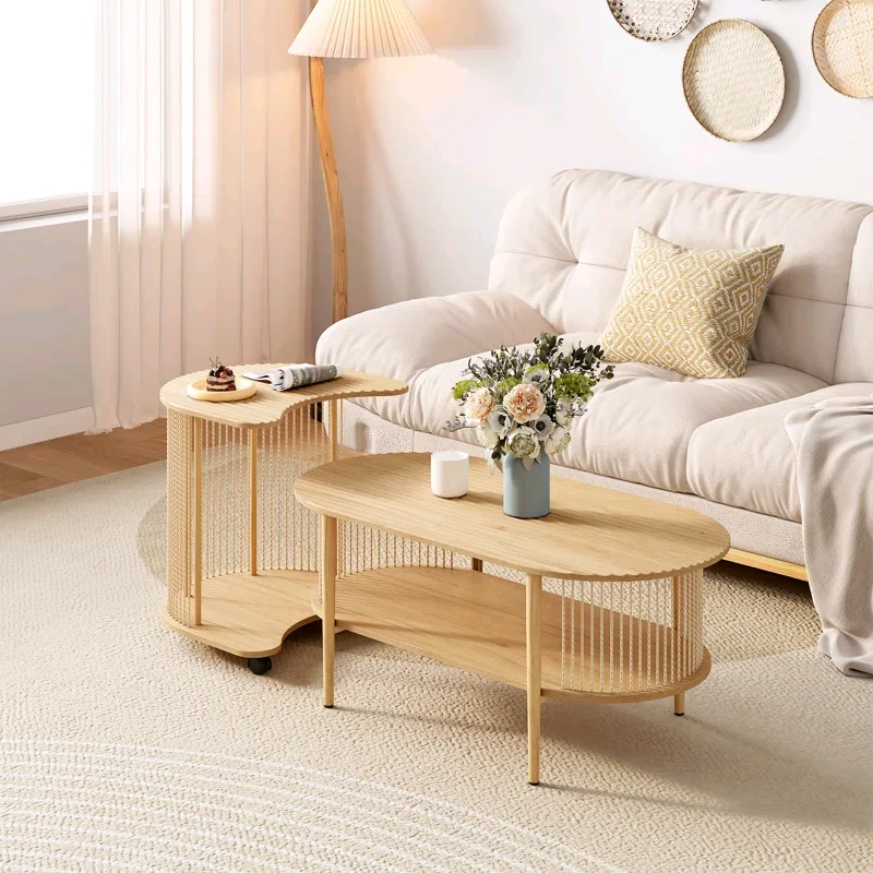 Combohome modern Natural Fiber Rope Bamboo Coffee Table Set With Wheels Wood Coffee End Table for Living Room