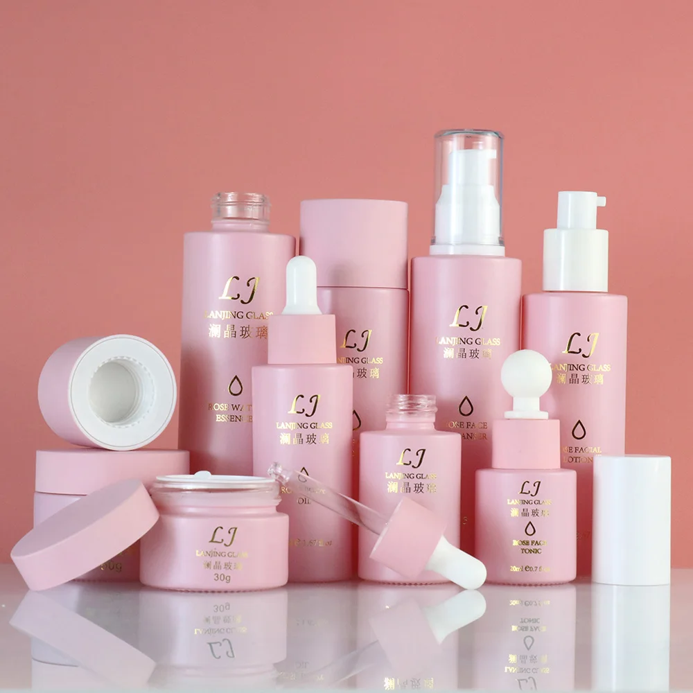 Custom 30 50g 40ml 60ml 100ml  120ml empty cosmetic lotion frosted pink glass bottle lotion pump skincare set packaging