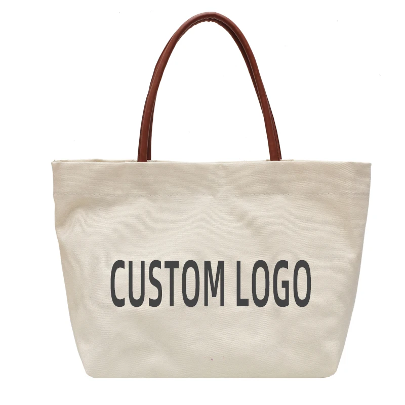 OEM Wholesale Custom Logo Fashion Women Canvas Handbags Leather Handle Large Blank Cotton Canvas Tote Bag with Pocket and Zipper