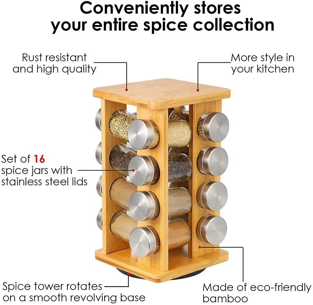 Kitchen Counter Top 360 Degree Rotating Bamboo Spice Storage Rack Stand Herb & Spice Tools for 16 Jars for Salt Storage