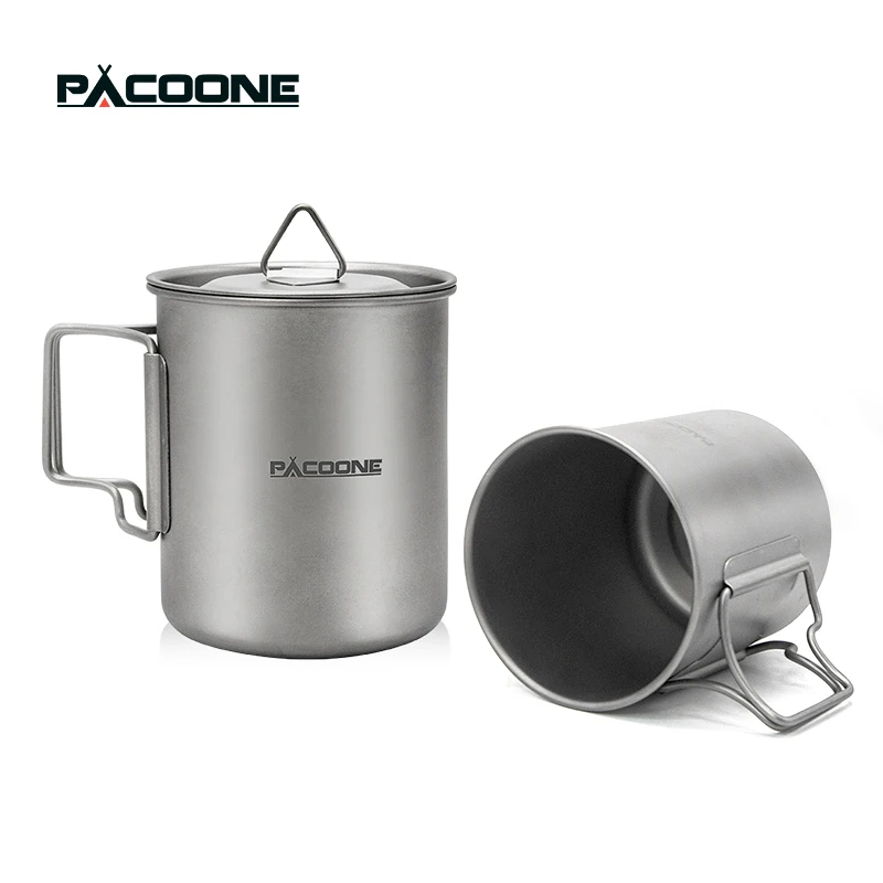PACOONE 300ML 400ML 600ML Titanium Cup Camping hiking ultralight Mug Foldable Handle Titanium Pot with Lid & Mesh Bag