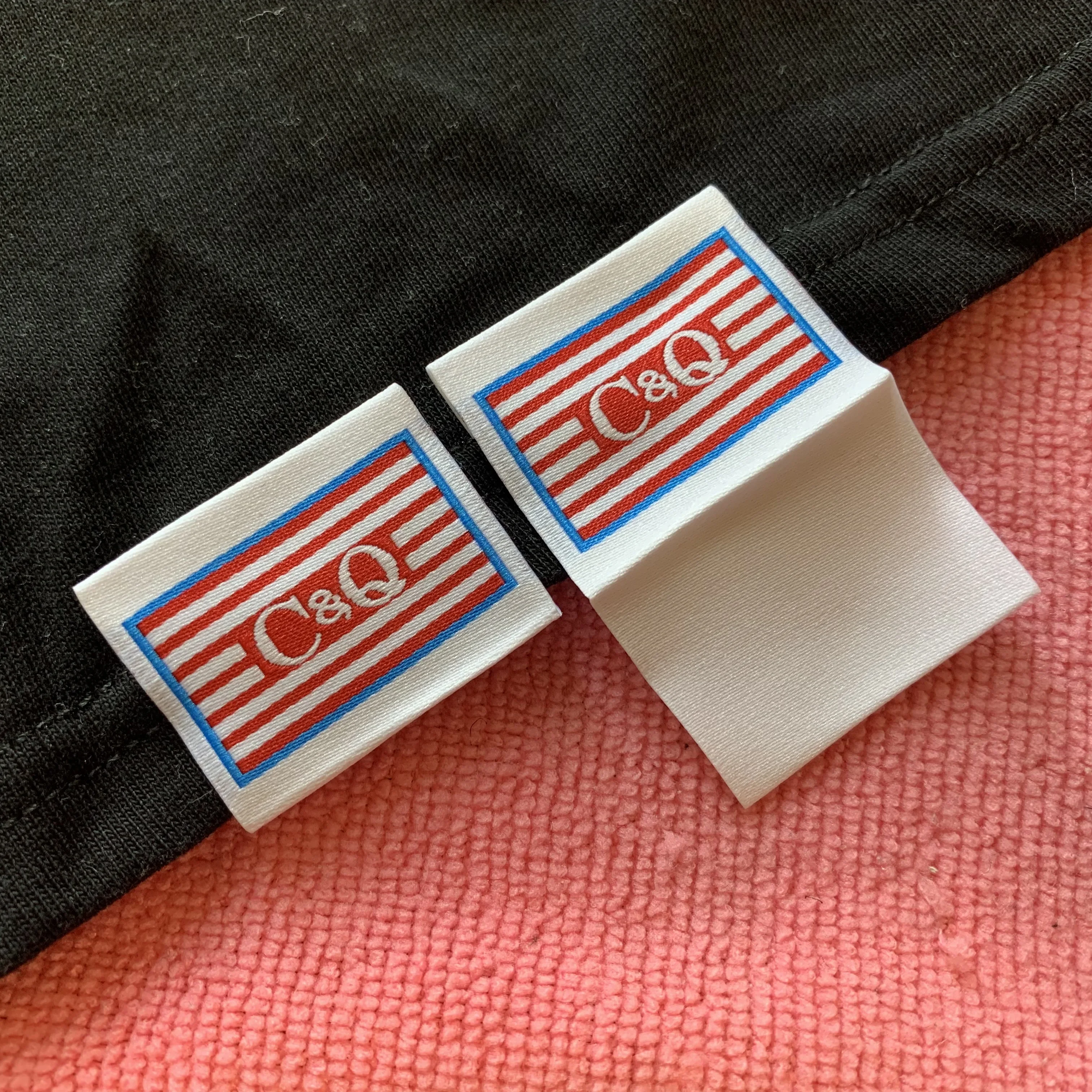 high density trademark logo textile clothing hem label,soft folded edge suits woven hem tags