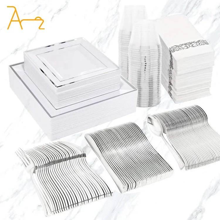 High quality banquet silver gold rose gold rimmed luxury cutlery wedding party plates sets plastic disposable tableware
