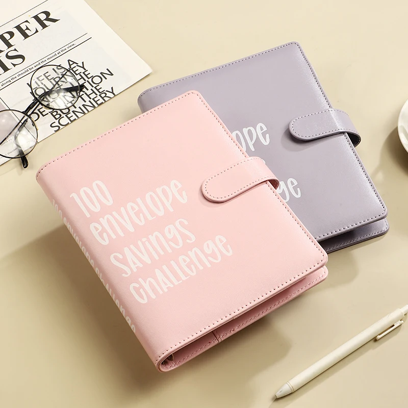 Shiny Pink 100 Envelopes Budget Binder Money Saving Challenge Diary with Leather Cover and Cash Envelopes