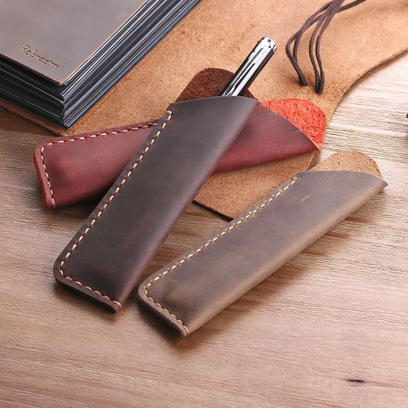 Custom Logo Vintage Genuine Leather Pencil Case Office Crazy Horse Leather Pen Sleeves Pouch Holder