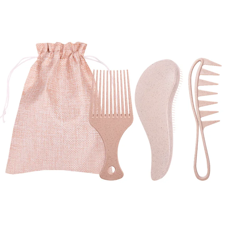 Custom Logo Wide Tooth Comb Detangling Scalp Massage Brush Natural Wheat Straw Hair Retro Oil Head Hair Brush for hair care