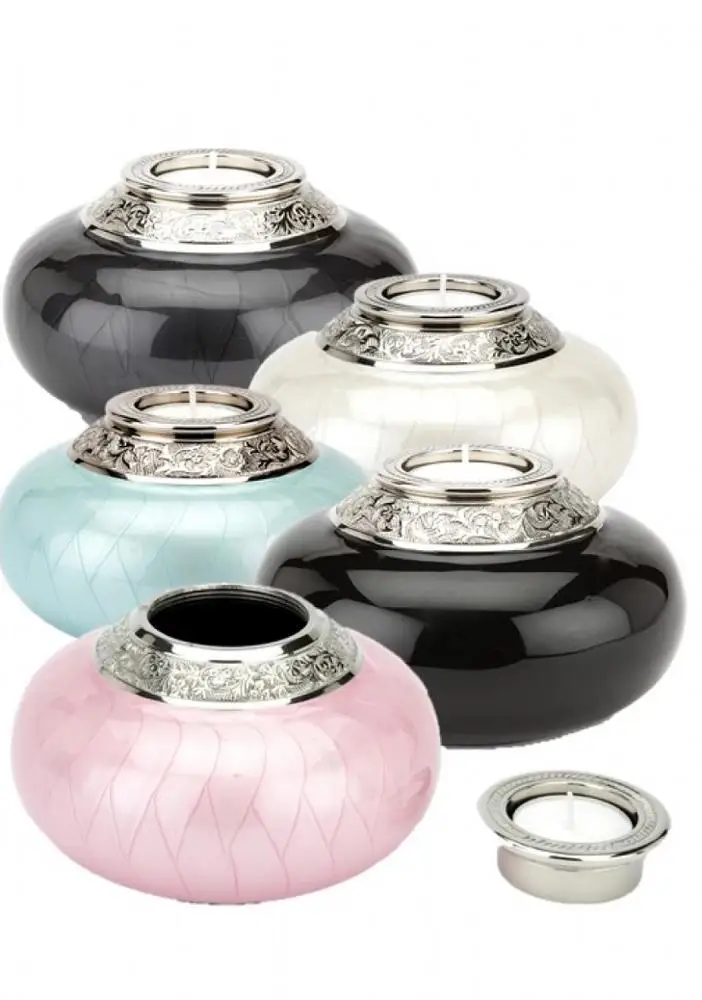 Modern Brass Ocean Blue Silver Tea Light Cremation Urn Porcelain Memorial Funeral Supplies for Child Pet or Human Ashes