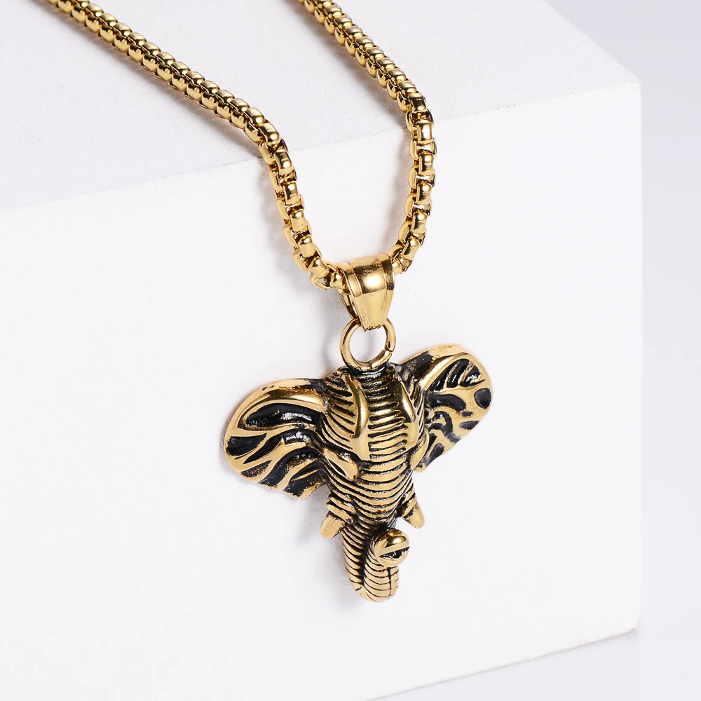 18K gold elephant pendant necklace Hiphop mens necklace stainless steel animal jewelry