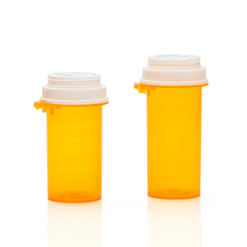 Down Turn Thumb Tab Vials Amber Plastic Prescription Rx Medicine Pill Bottle Reversible Vial Thumb Click Vial