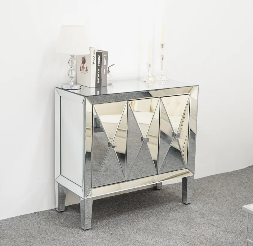 Modern Diamond Mirrored Furniture Drawers Crystal Glass Mirror Storage Cabinets