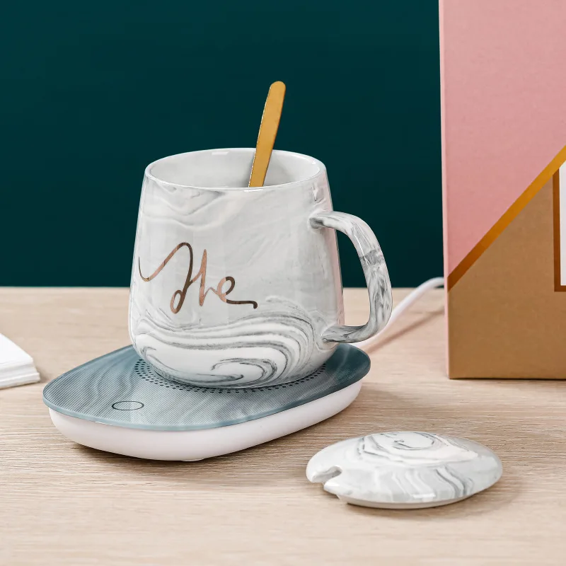 55 Degree Constant Temperature Heated Coffee Mug Warmer Cup Marble Pattern Ceramic Mug Set with Heating Pad