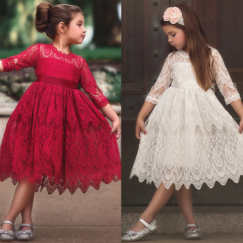 Half sleeve red kids clothes princess dress girl frock children lace dress