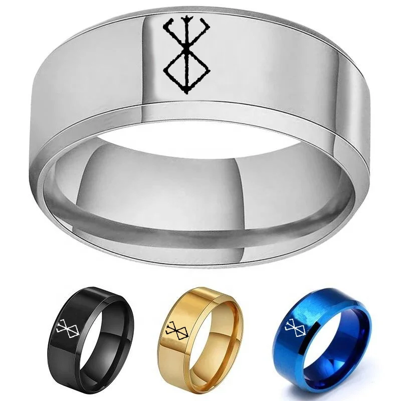 Anime Ring Peripheral Berserk Commemorative Fashion Simple 4 Colors Cool Laser Stainless Steel Cosplay Rings Mens Womens Gift