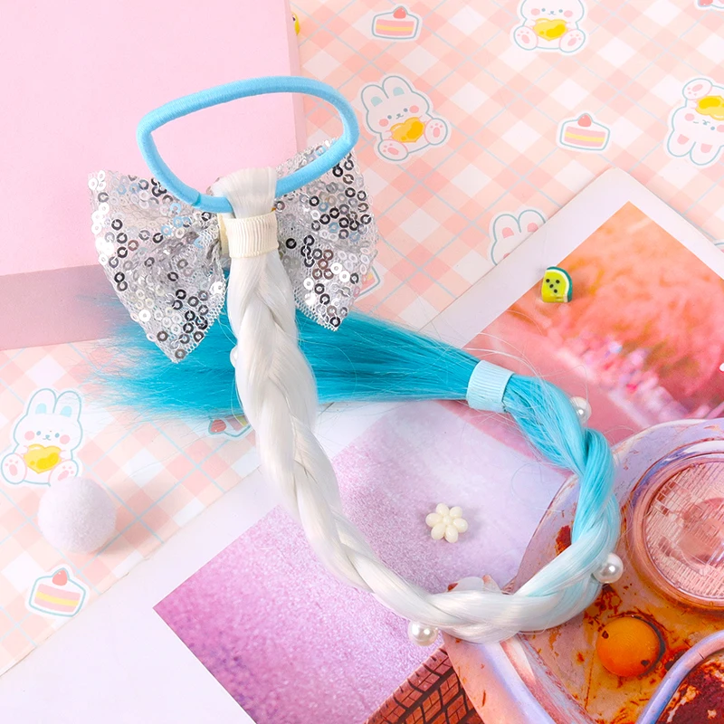2022 Fro zen Princess Hair Accessories Sequin Glitter Bow Hair Rope Girl Braided Pigtail Wig Hair Tie