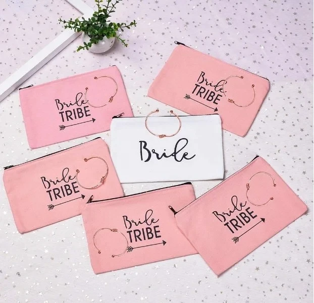 Travel Bride Zipper Makeup Customized Cosmetic Bag Cotton Canvas Zipper Pouch with Custom Logo