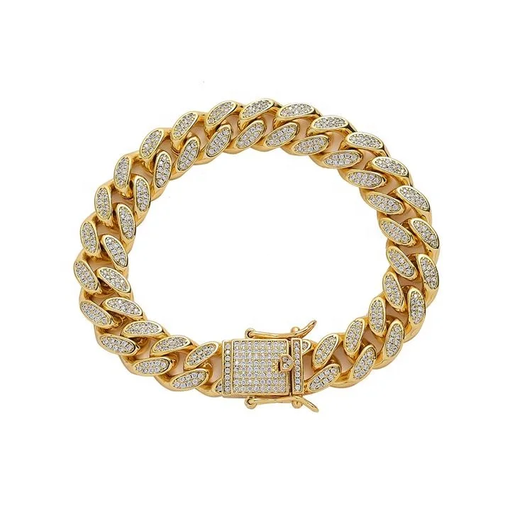 Stock real gold color miami jewelry brass 12mm width zircon cuban chain bracelet