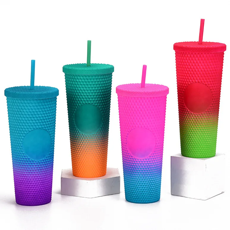 650ml double wall plastic Straw cup Rivet matte studded tumbler star buckes  cup LOGO custom