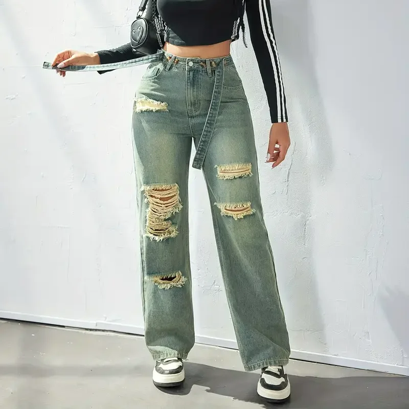 women casual high waist elegant ripped straight leg jeans fashion non-stretch denim distressed wide leg pants
