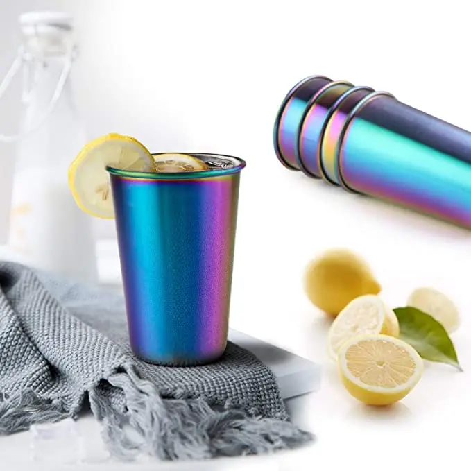 Rainbow Party Cups, Kereda Stainless Steel Cups 16oz 5-Pack Premium Drinking Glasses Unbreakable Colorful Tumblers BPA Free Eco