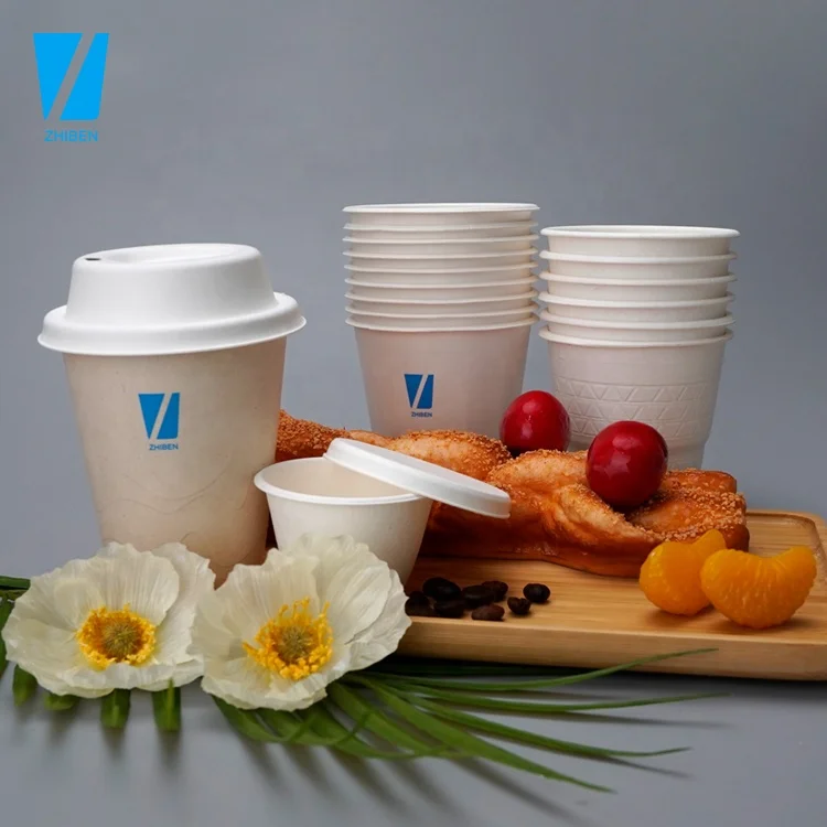 Zhiben eco flat compostable cold drink bamboo pulp paper Black Coffee embossed logo paper cup with lid
